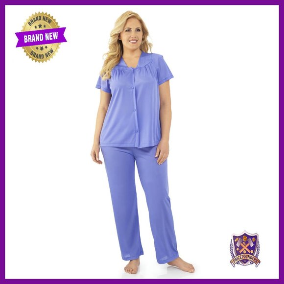 Women's Nylon Tricot Short Sleeve Pajama Set with Floral Embroidery